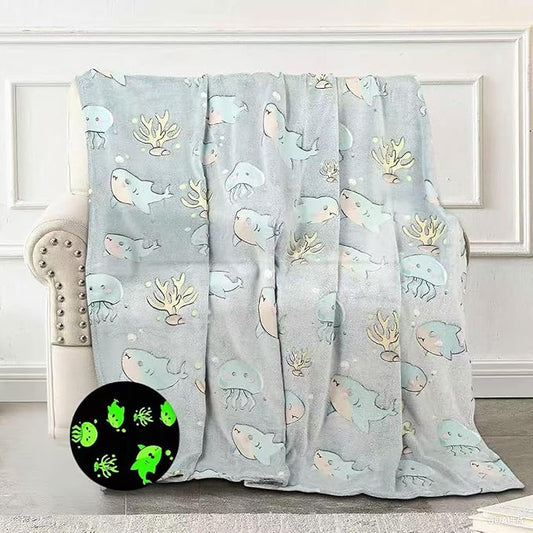 Glow in The Dark Blanket Shark Pattern for Unique Birthday Gifts for Girls Boys Teens, Lightweight Soft Cozy Warm Fuzzy 60"×80" Blue
