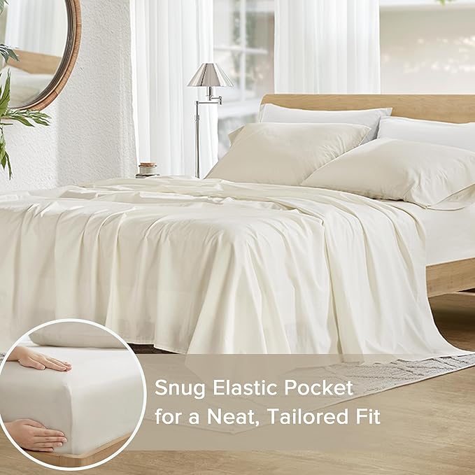 Comfort Spaces 100% Cotton Sheets Twin XL, Breathable, Soft Cotton Sheets, Naturally Cool Cotton Bed Sheets with 12" Elastic Pocket Fits up to 14" Mattress, All Season Sheet Set, Twin XL Ivory 3 Piece