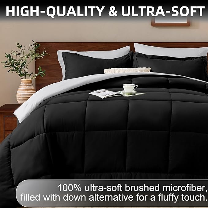 FUANNA Full Size Comforter Sets 7 Pieces, Reversible Bed in a Bag with All Season Soft Comforter, Bedding Sets Includes Comforter, Flat Sheet, Fitted Sheet, Pillowcases & Shams, Black & Light Grey
