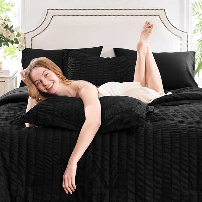 CozyLux King Size Comforter Set Black Seersucker 7 Pieces Bed in a Bag King Comforter Set with Sheets, Luxury Soft Bedding Set with Down Alternative Comforter, Sheets, Pillowcases & Shams All Seasons