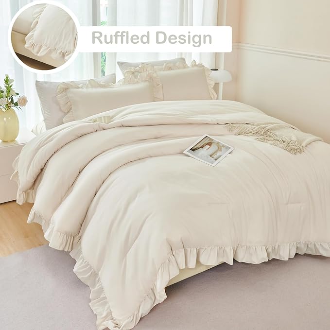 ANGIYUIN 5 Pieces Camel Ruffled Full Size Bedding Sets for Kids Girls Shabby Boho Bed in A Bag Lightweight Fluffy Bed Comforter Sets with Sheets(Camel Full)