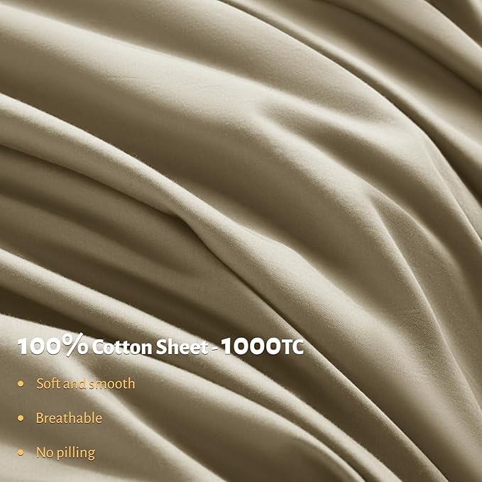 Shilucheng 100% Egyptian Cotton Queen Size Sheets Set - 1000 Thread Count，Luxury Cotton Bed Sheets，Breathable & Cooling Bedding and Pillow Cases, 16 Inch Deep Pocket - 4 Piece (Linen, Queen)