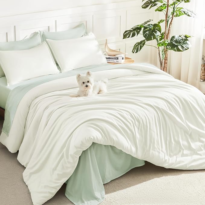 Litanika Ivory Comforter Set Full Size, 3 Pieces Lightweight Solid Bedding Comforter Set, All Season Fluffy Bed Set (79x90In Comforter & 2 Pillowcases)