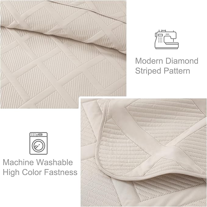 Exclusivo Mezcla Quilts Queen Size - Brich Beige Quilt Set Bedspread with 2 Pillow Shams, Modern Bedding Set with Striped Pattern, Soft Lightweight Bedspreads Queen Size for All Seasons