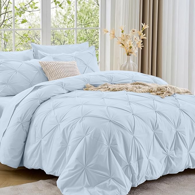 Sasttie King Size Comforter Set, 7-Piece Bed in a Bag, Pintuck Bedding Sets for All Season, Includes Comforter, Flat Sheet, Fitted Sheet, Pillowcases and Pillowshams, Light Blue