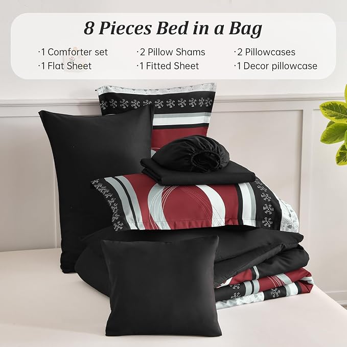 Burgundy Comforter Set Full Size,8 Pieces Striped Bed in a Bag,Patchwork Comforter with Sheets Set Soft Microfiber Boho Bedding Sets(78"×90")
