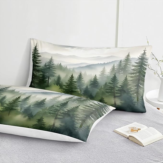 Bedbay Misty Forest Bedding Set King Size Nature Mountain Comforter Set Aesthetic Room Decor Cabin Style Quilt Duvet Set 4 Pieces for All Seasons 1 Comforter 2 Pillowcases 1 Cushion Cover