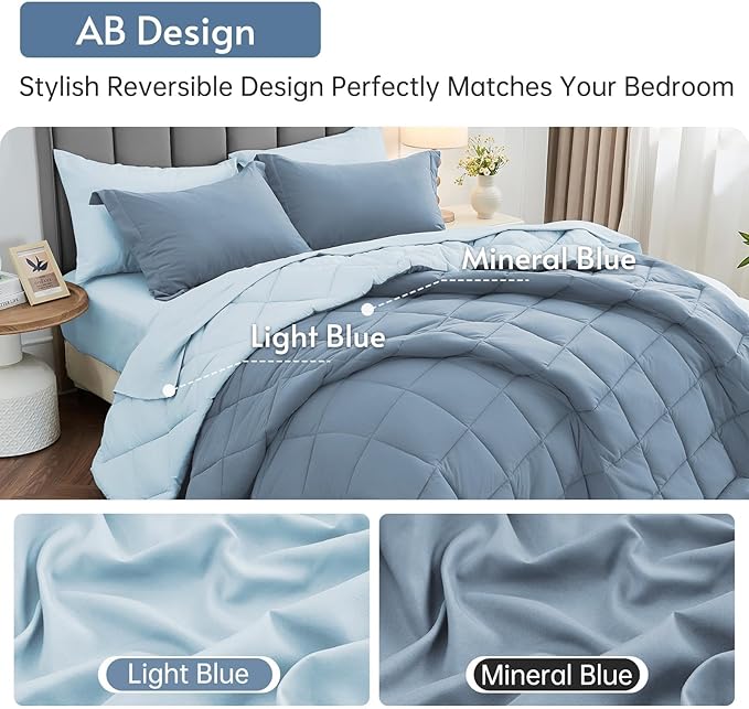 MUXHOMO 7 Pieces King Comforter Set, Reversible Bed in a Bag King Size, All Season Bedding Set with Comforter, Flat Sheet, Fitted Sheet, Pillowcases & Shams, Mineral Blue & Light Blue