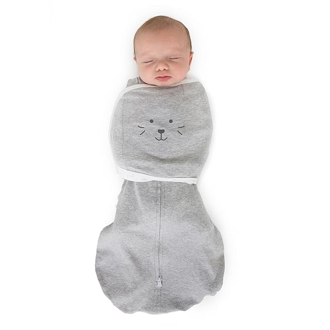 SwaddleDesigns 6-Way Omni Swaddle Sack, Arms Up Swaddle for Newborn, More Options to Calm Startle Reflex, Improves Sleep, 12-18 lbs, Heathered Gray, Cute Animal Face