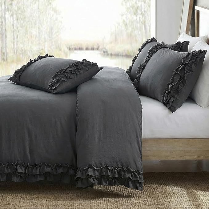 Dark Grey Ruffled Duvet Cover King Boho Bedding Set Gary Ruffle Fringe Shabby Chic Bedding Super Soft Cozy Farmhouse Duvet Cover Set for All Season