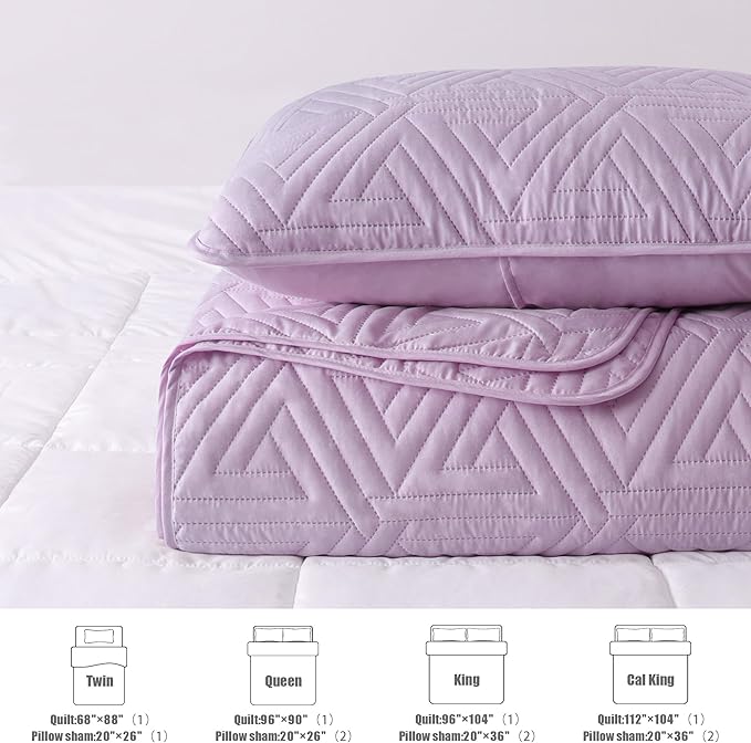 Whale Flotilla Soft King Size Quilt Set for All Seasons, 3-Piece Ultrasonic Geometric Quilts Bedding Set, Lightweight Reversible Bedspread, Coverlet, Bed Cover with 2 Pillow Shams, Light Purple