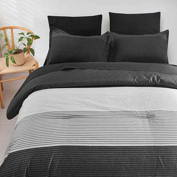 Faincy 7 Pcs Queen Size Comforter Set with Sheets, Black and Grey Patchwork Striped Pattern Printed Alternative Bed Sets - 90 x 90 Soft Microfiber Modern Bedding in a Bag for Women Men, Gray