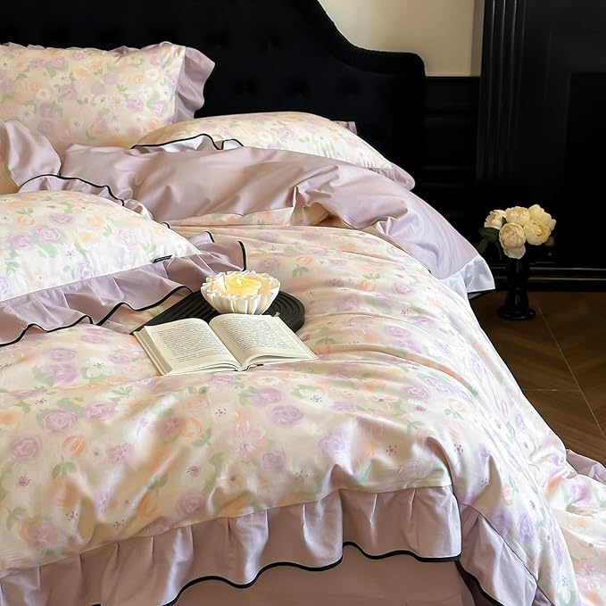 HighBuy Purple Floral Ruffle Duvet Cover Set King Brushed Cotton Durable with Ruffle Edge,Boho Chic Cottagecore Floral Bedding Comforter Cover Set - (1 Duvet Cover with 2 Pillow Shams)