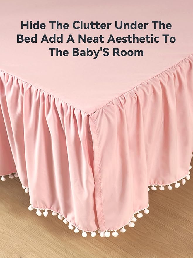 TILLYOU Baby Crib Skirt Girls Boys, Ruffled Bed Skirt with Pompoms, 28”x 52”, 14'' Drop, Pink