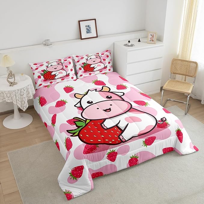 Feelyou Milk Cow Comforter Pink White Cow Strawberry Pattern Comforter Set Bedding Set for Kids Adults Kawaii Girls Milk Cow Print Duvet Set Ultra Soft Room Decor Twin Size Quilt Set