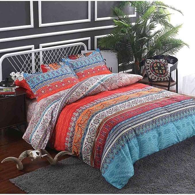 Nanko Twin XL Size Duvet Cover Set Boho Red Blue Colorful Retro Striped Print Luxury Soft Microfiber Bedding Comforter Cover with Zipper Ties - Bohemian Western Bed Sets for Men and Women 2pcs 68 x 90