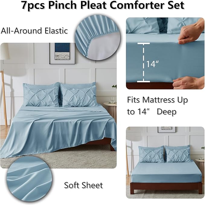 King Comforter Set Light Blue, 7 Pieces Pintuck Bed in A Bag King Size Bedding, Soft Bed Set All Season Pinch Pleat Comforter Set with Sheets, Pillowcases & Shams
