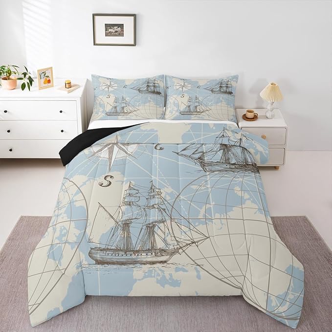Erosebridal Nautical Comforter Set King, Vinatge Sailboat Bedding Set Room Decor, White Blue World Map Sketch Down Comforter, Retro Anchor Compass Quilt Set, Yacht Ship Bedding Comforter Sets, 3Pcs