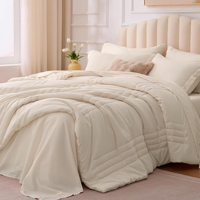 Full Comforter Set Beige - Bed in a Bag Full Size 7 Pieces, Soft Bedding Set for All Seasons, Premium Comforter Set with Comforter, Sheets, Pillowcases & Shams