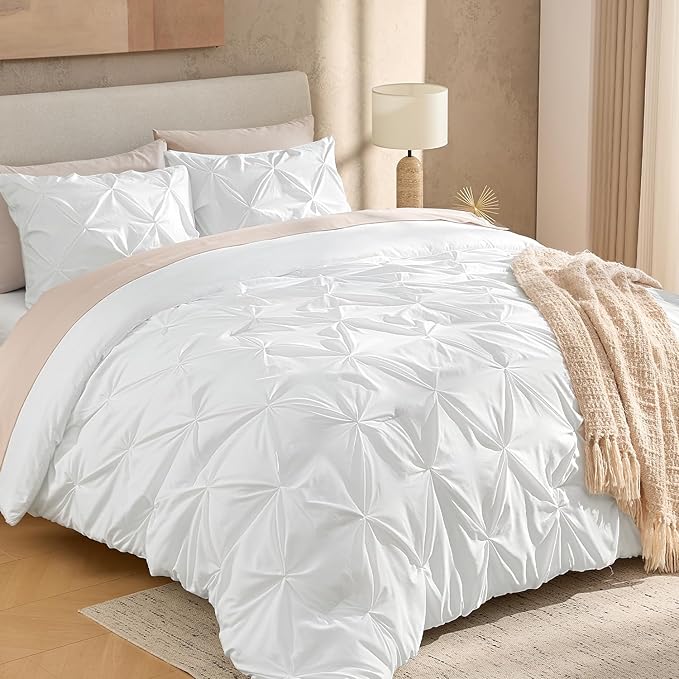 Andency White Full Size Comforter Set (79x90Inch), 3 Pieces Cute Soft Pinch Pleat Bedding Comforters & Sets, All Season Lightweight Fluffy Down Alternative Western Bed Set for Women Men Girls