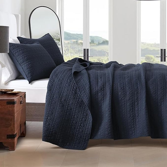 HORIMOTE HOME Navy Quilt Set Queen Size, Lightweight Soft Pre-Washed Microfiber Circle Pattern Bedspread Coverlet, 3 Pieces Quilt Bedding Set with Pillow Shams for All Season, 90x96 inches