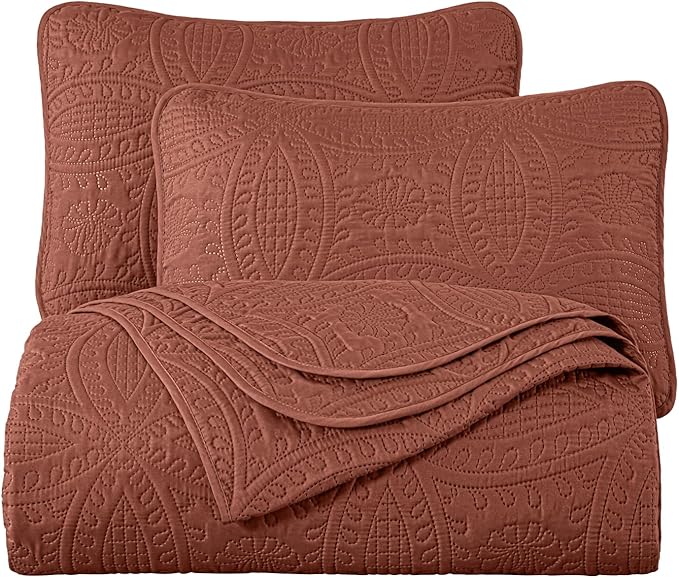 Chezmoi Collection Austin Queen Bedspread Set 3-Piece Pinsonic Quilted Oversized Bedspread Coverlet Set, Queen, Terracotta