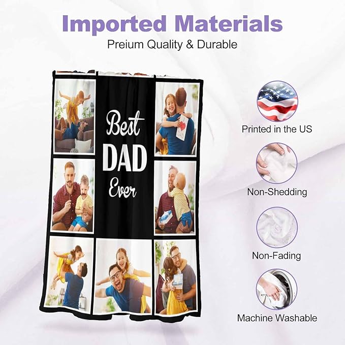 Custom Blankets with Photos, 10 Photos Customized, Best Dad Ever Blanket Gifts for Father's Day, Customized for Dad, 8 Sizes