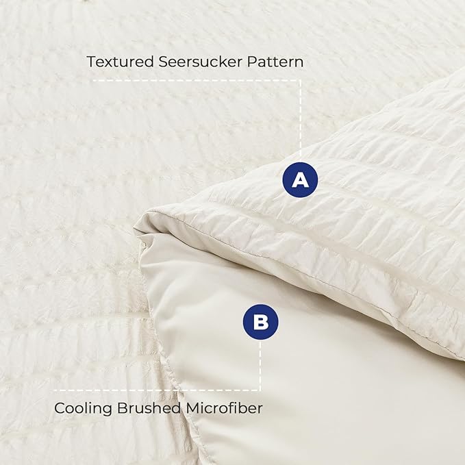 HYMOKEGE Ivory Duvet Cover King Size, Ultra Soft 3-Piece Seersucker Duvet Cover Set with Zipper Closure, Soft Brushed Microfiber Bedding Set with 8 Corner Ties (104"x90", 2 Pillowshams)