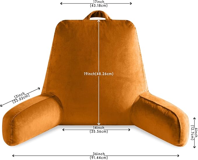 Reading Pillow for Sitting in Bed Adult, X-Large Reading Pillow with Shredded Memory Foam, Back Pillow for Sitting Up with Extend Arms, Pockets, Bed Pillow with Washable Cover, Orange