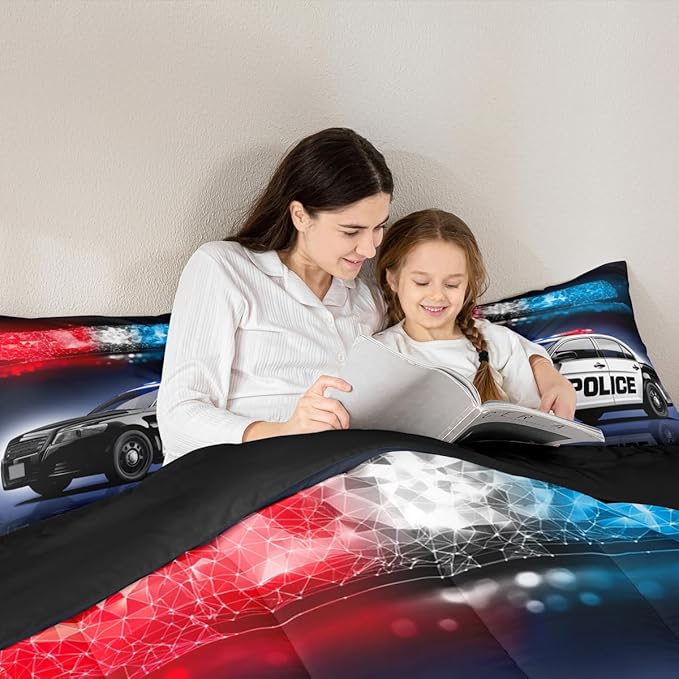 Erosebridal Police Car Comforter Sets Full Size,Policeman Vehicle Bedding Set for Kids Boys Children,Red Blue Cop Lights Down Comforter Geometric Graphics Duvet Sets Bedroom Decor with 2 Pillow Cases