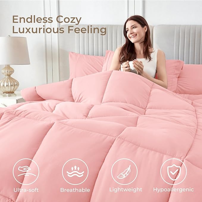 Sasttie Queen Comforter Set, Pink 7 Pieces Bed in a Bag Queen, Complete Bedding Set Includes Comforter, Flat Sheet, Fitted Sheet, Pillowcases and Pillow Shams, Pink