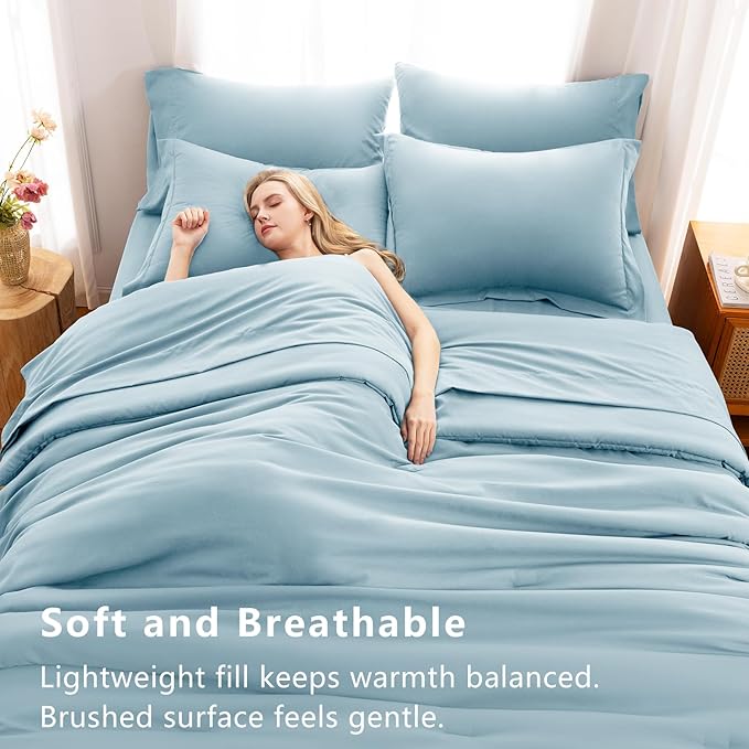 CozyLux Queen Comforter Set Light Blue, 7 Pieces Bed in a Bag Queen Comforter Set with Sheets, Soft Bedding Sets with Down Alternative Comforter, Fitted Sheet, Flat Sheet, Pillow Shams and Pillowcases