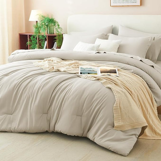 CozyLux Oversized Queen Comforter Set Beige, 7 Pieces Bed in a Bag Comforter Set with Sheets, Soft Bedding Sets with Down Alternative Comforter, Fitted Sheet, Flat Sheet, Pillow Shams and Pillowcases