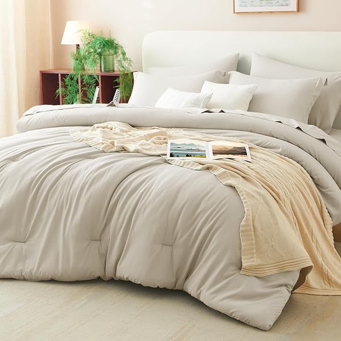 CozyLux Queen Comforter Set Beige, 7 Pieces Bed in a Bag Soft Bedding Comforter Set with Sheets, All Season Boho 7PC Bed Sets with Comforter, Fitted Sheets, Flat Sheets, Pillow Shams and Pillowcases