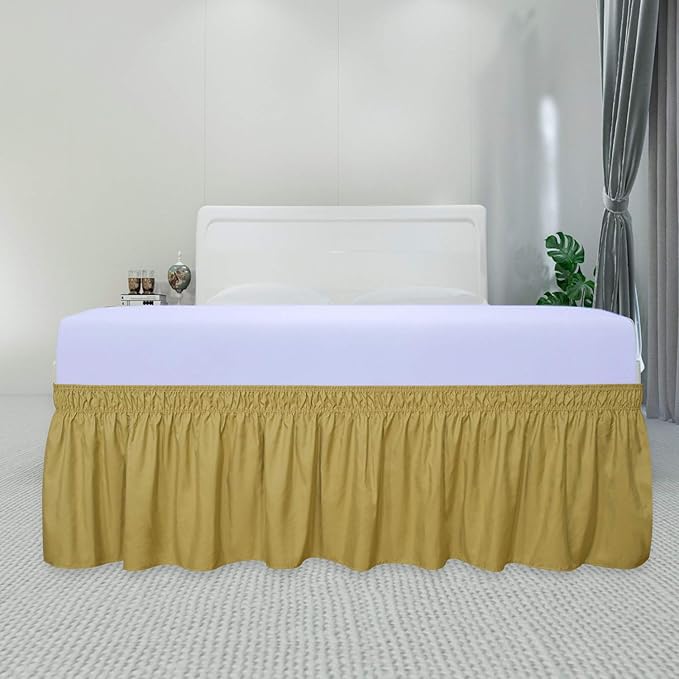 PureFit Wrap Around Ruffled Bed Skirt with Adjustable Elastic Belt - 18 Inch Drop Easy to Put On, Wrinkle Free Bedskirt Dust Ruffles, Bed Frame Cover for Queen, King and C-King Size Beds, Gold