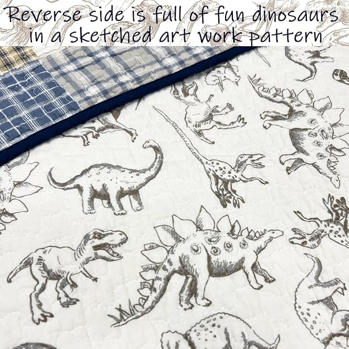 Cozy Line Home Fashions Benjamin Cute Dinosaur Plaid Navy Blue White Grey Bedding Quilt Set 100% Cotton Reversible Coverlet Bedspread Set for Kids Boy (Queen - 3 Piece)