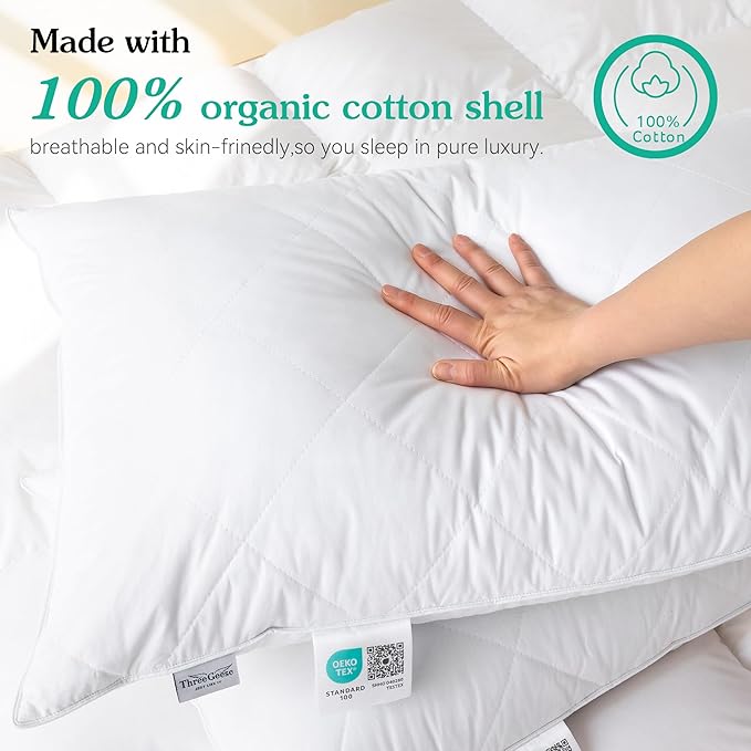 Three Geese White Goose Feather & Cotton Pillows King Size Set of 2 - Soft 600 Thread Count 100% Cotton, Medium Firm,Soft Support,White Solid