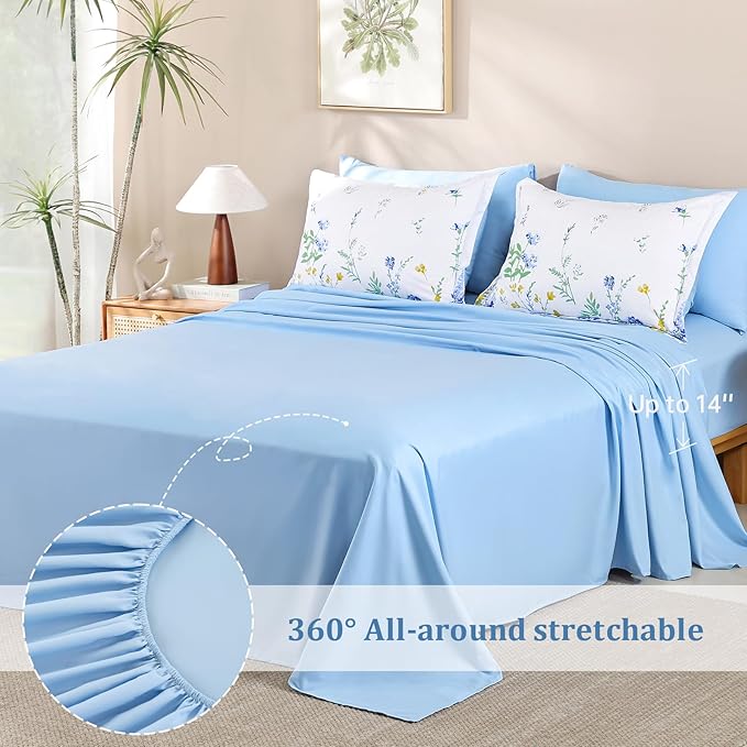 Yiran Blue Floral Comforter Set Queen Size, 7 Piece Watercolour Botanical Comforter Bedding Set, Bed in a Bag Queen, Soft Microfiber Complete Bedding Set with Sheets for All Season