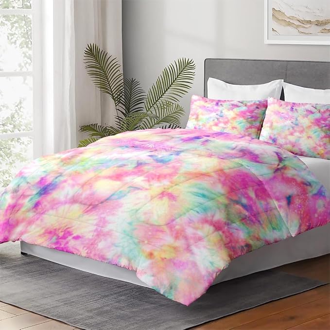 Twin Size Comforter Set with Pillowcase, Pink Yellow Painting Tie Dye Soft 2 Pcs Bedding for Kids and Adults Bedroom Bed Decor