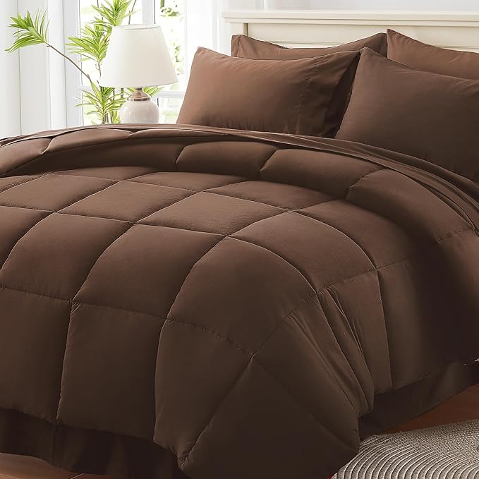 Anluoer Full Size Bed in a Bag 7 Pieces, Brown Bed Comforter Set with Sheets, All Season Bedding Sets with 1 Comforter, 2 Pillow Shams, 2 Pillowcases, 1 Flat Sheet, 1 Fitted Sheet