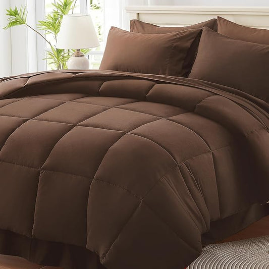 Anluoer King Size Bed in a Bag 7 Pieces, Brown Comforter Set with Sheets, All Season Bedding Sets with 1 Comforter, 2 Pillow Shams, 2 Pillowcases, 1 Flat Sheet, 1 Fitted Sheet