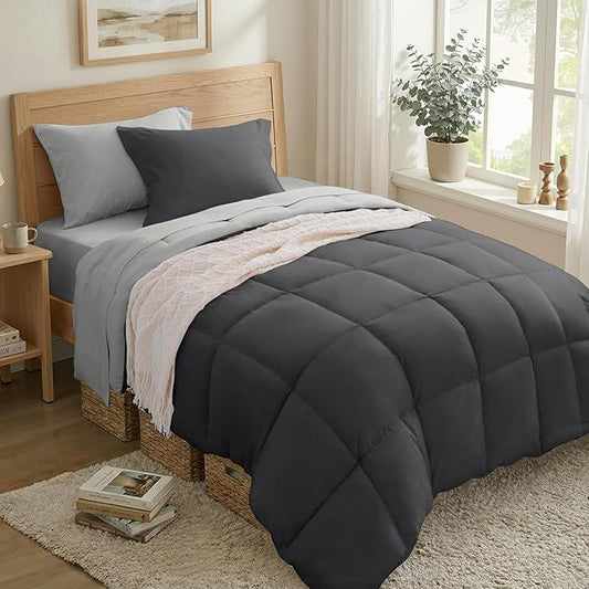 Anluoer Twin Size Bed in a Bag 5 Pieces, Grey Bed Comforter Set with Sheets, All Season Bedding Sets with 1 Comforter, 1 Pillow Sham, 1 Pillowcase, 1 Flat Sheet, 1 Fitted Sheet
