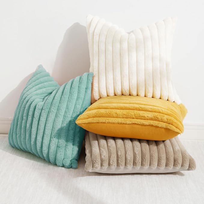 decorUhome Cozy Faux Fur Spring Throw Pillow Covers 18x18 Set of 2 Decorative Soft Plush Striped Modern Farmhouse Boho Couch Pillow Cases with Velvet Back for Sofa Bed Living Room, Aqua