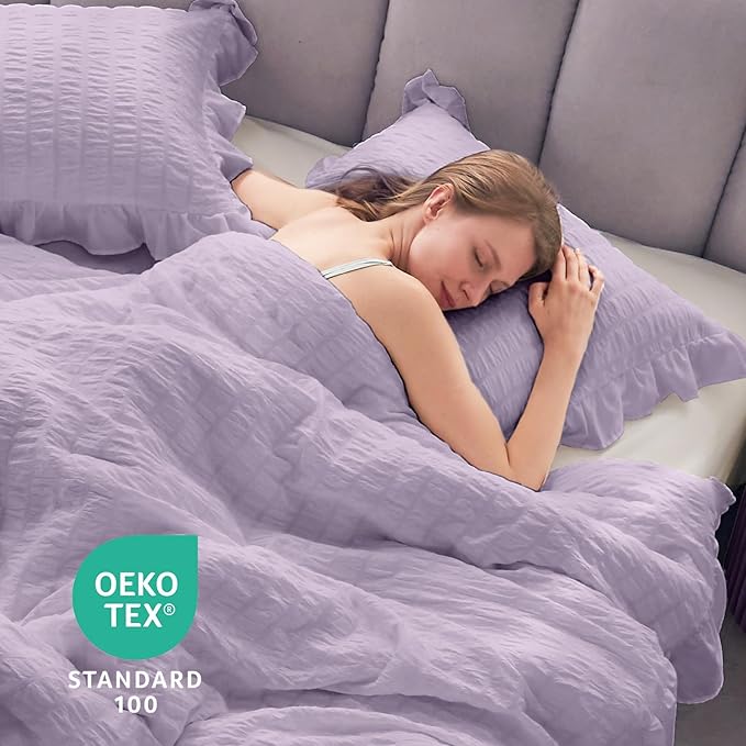 JOLLYVOGUE Lavender Queen Comforter Set, 3 Pieces Seersucker Comforters Queen Size, Lightweight & Fluffy Bedding Sets Queen for All Season with 1 Ruffle Comforter and 2 Ruffle Pillowshams