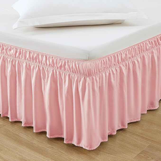 MEILA Wrap Around Bed Skirt Three Fabric Sides Elastic Dust Ruffled 14 Inch Tailored Drop,Easy to Install Fade Resistant-Pink, Queen/King