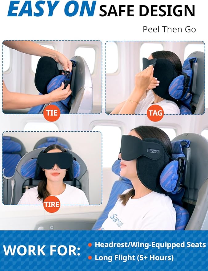 Upgraded Travel Pillow, Airplane Head Strap for All Heights, 360° Head Support, Airplane Pillow with 3D Sleep Mask, Light Blocking, Long Flights Essentials Headrest, Stop Bobblehead, Red