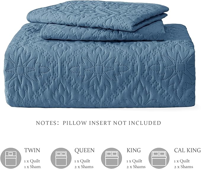 Exclusivo Mezcla King Quilt Bedding Set, Lightweight Soft Bedspreads Coverlets with 2 Pillow Shams, Modern Grayish Blue Oversized Quilts King Size for All Seasons