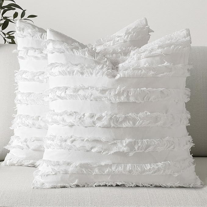 MIULEE Set of 2 Decorative Boho Throw Pillow Covers Spring Linen Striped Jacquard Pattern Cushion Covers for Sofa Couch Living Room Bedroom 26x26 Inch White