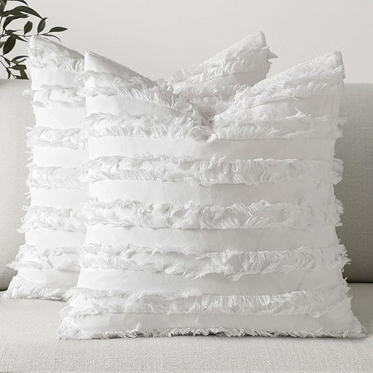 MIULEE Set of 2 Decorative Boho Throw Pillow Covers Spring Linen Striped Jacquard Pattern Cushion Covers for Sofa Couch Living Room Bedroom 26x26 Inch White