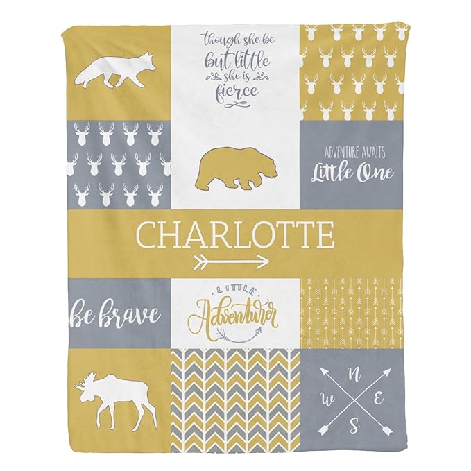 Personalized Baby Blanket for Girls Super Soft Double Layer with Dotted Backing, Lovely Woodland Animal Design Blanket for Toddler Newborn, Polyester, Honey, 35 x 45 Inch